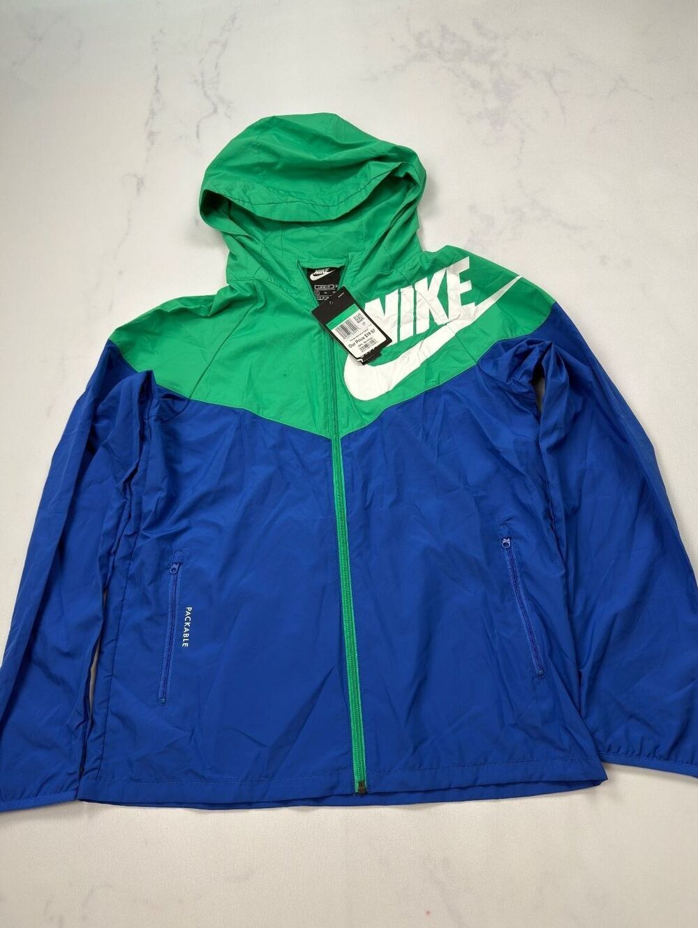 Nike Logo Windrunenr Packable Jacket Green Blue 2010s Colorblock - Boys XL NWT
